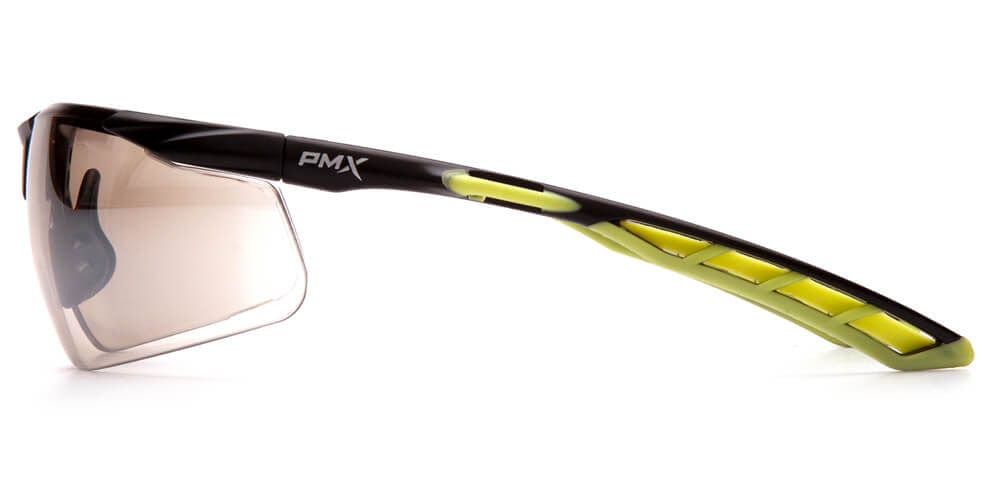 Pyramex Flex-Lyte Safety Glasses with Black/Lime Frame and Indoor/Outdoor Mirror Lens - Side View