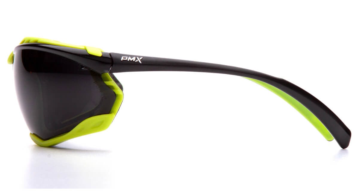 Pyramex Proximity Safety Glasses with Black/Lime Frame and Gray H2MAX Anti-Fog Lens - Side View