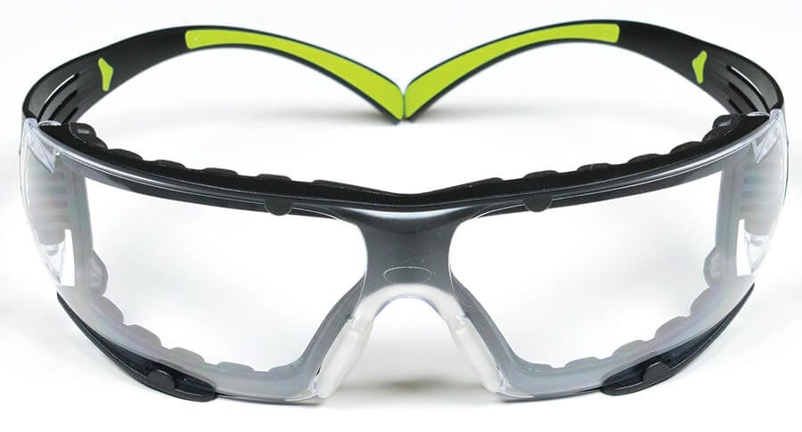 3M SecureFit Safety Glasses with Black/Lime Temples, Foam Padding and Clear Anti-Fog Lens