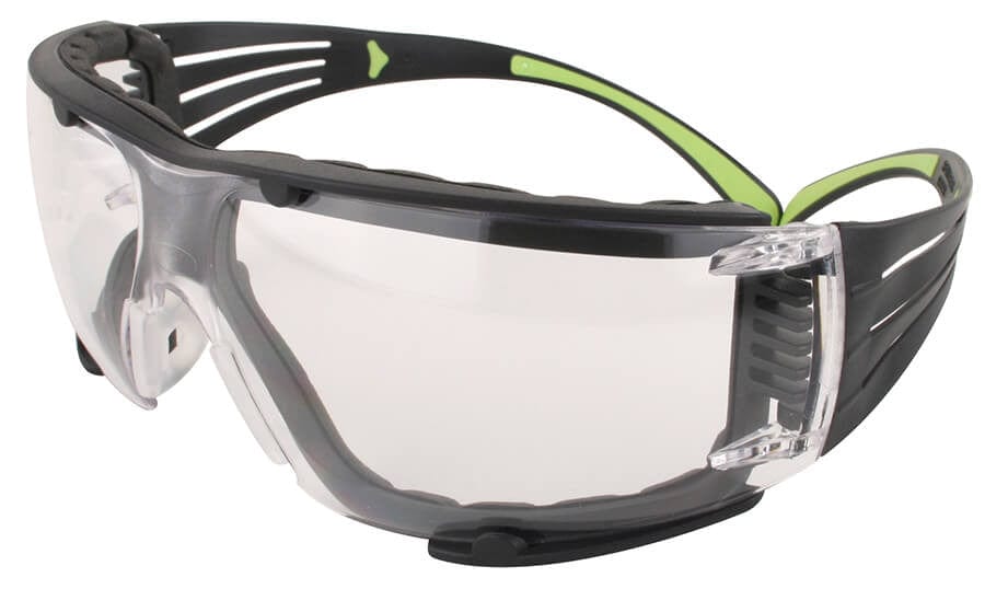 3M SecureFit Safety Glasses with Black/Lime Temples, Foam Padding and Clear Anti-Fog Lens
