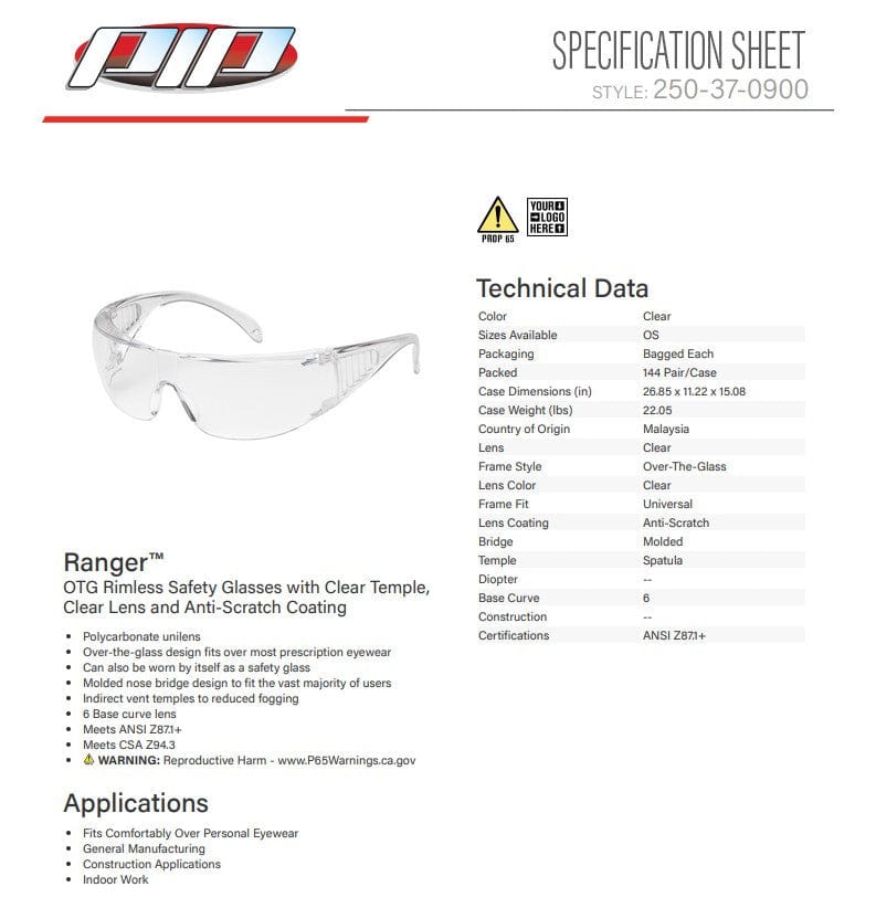 Bouton 250-37-0900 Ranger Mini OTG Safety Glasses Spec Sheet