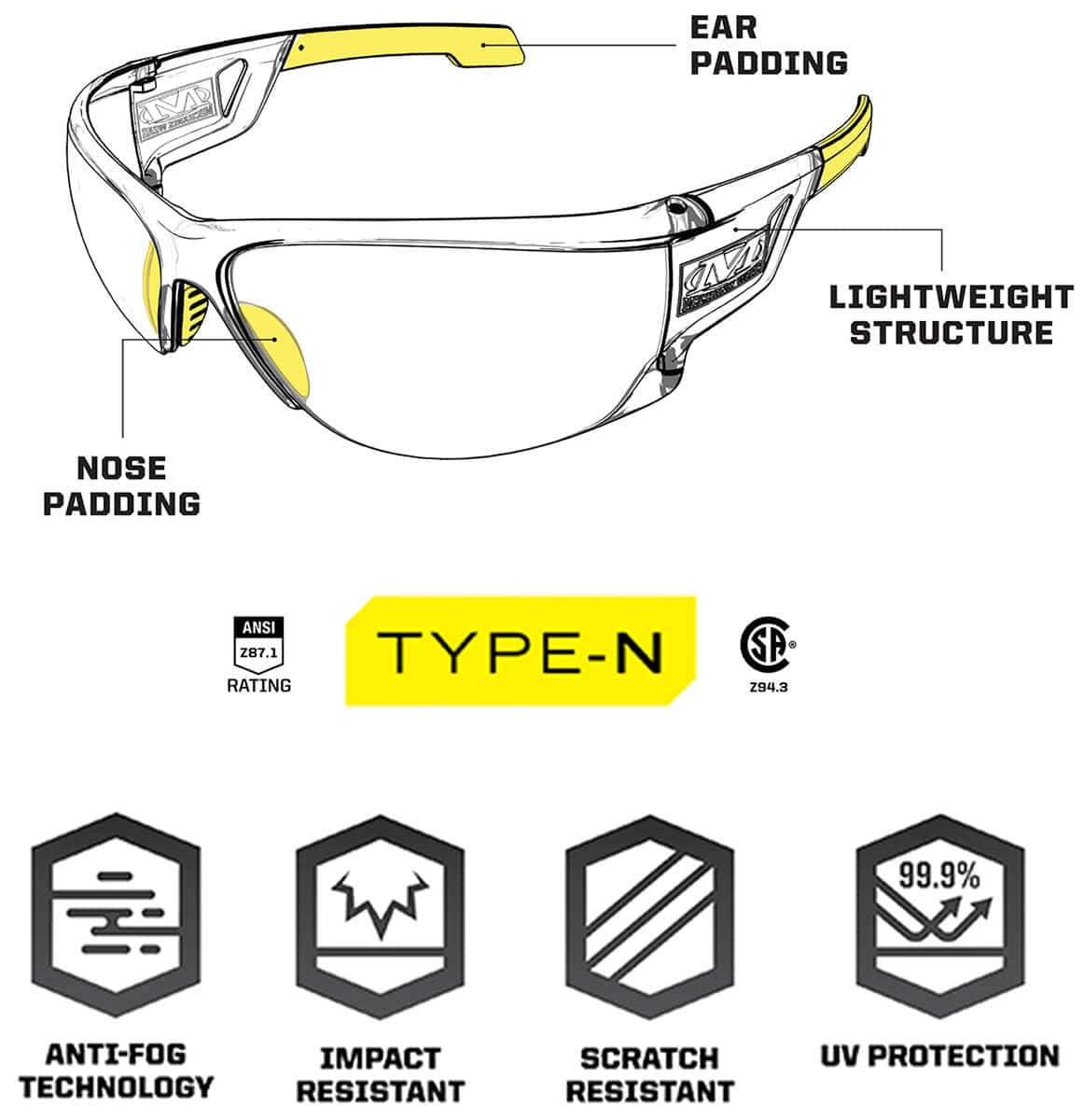Mechanix Wear Type-N Safety Glasses with Clear Frame and Clear Anti-Fog Lens VNS-10AA-BU - Details