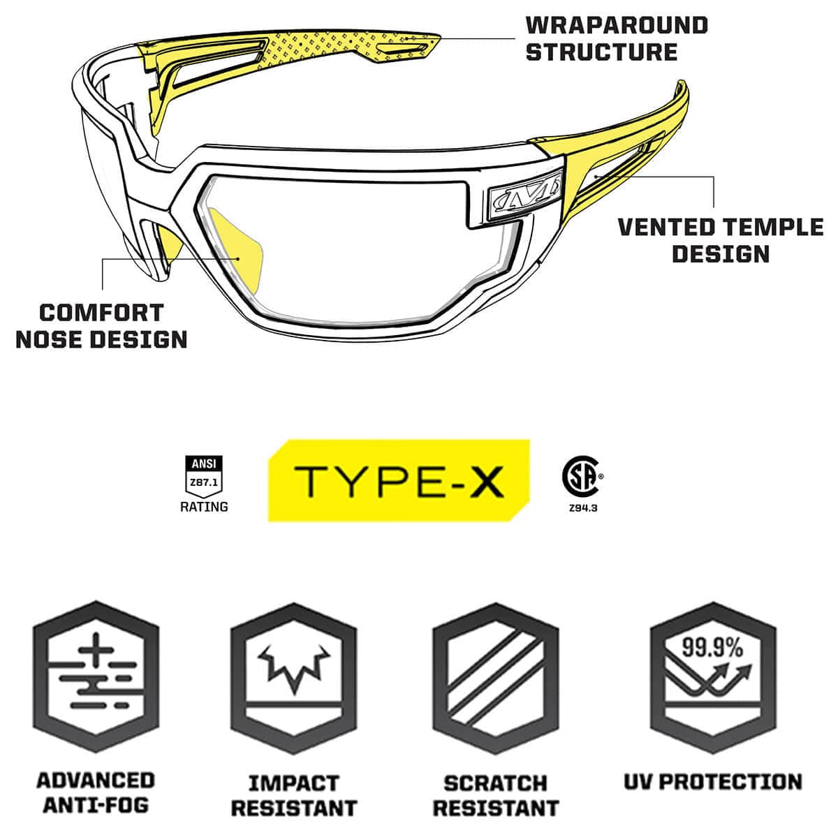 Mechanix Wear Type-X Safety Glasses with Black Frame and Fire Mirror Anti-Fog Lens VXS-21AE-BU - Details