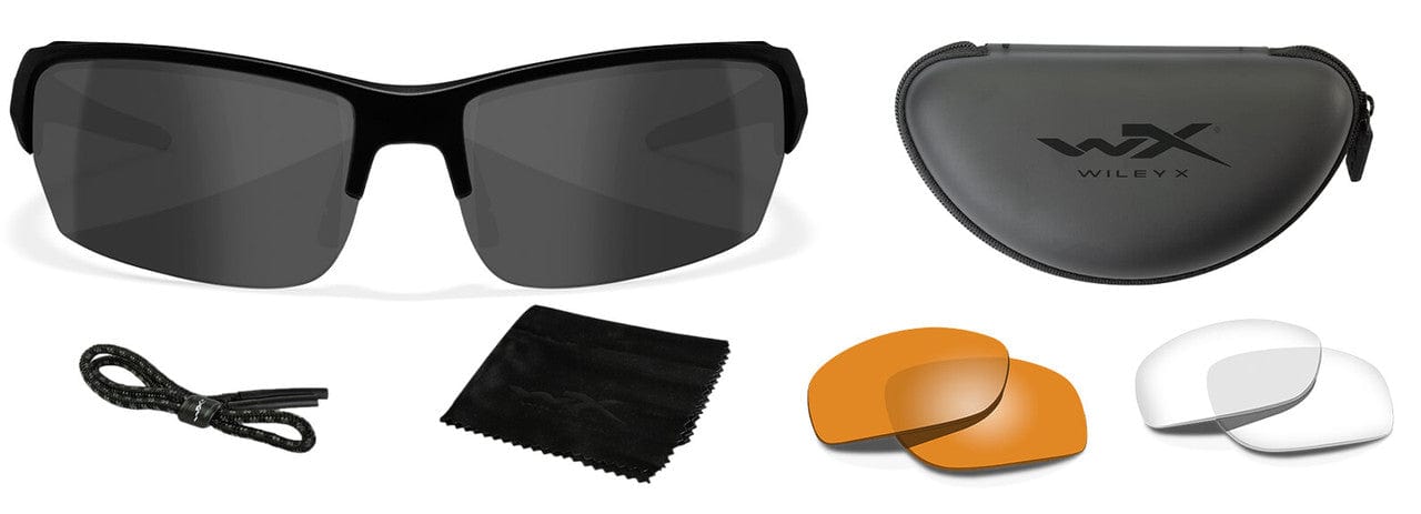 Wiley X Valor Ballistic Sunglasses Kit with Matte Black Frame and Smoke Grey, Clear, and Light Rust Lenses CHVAL06 - Kit with Accessories