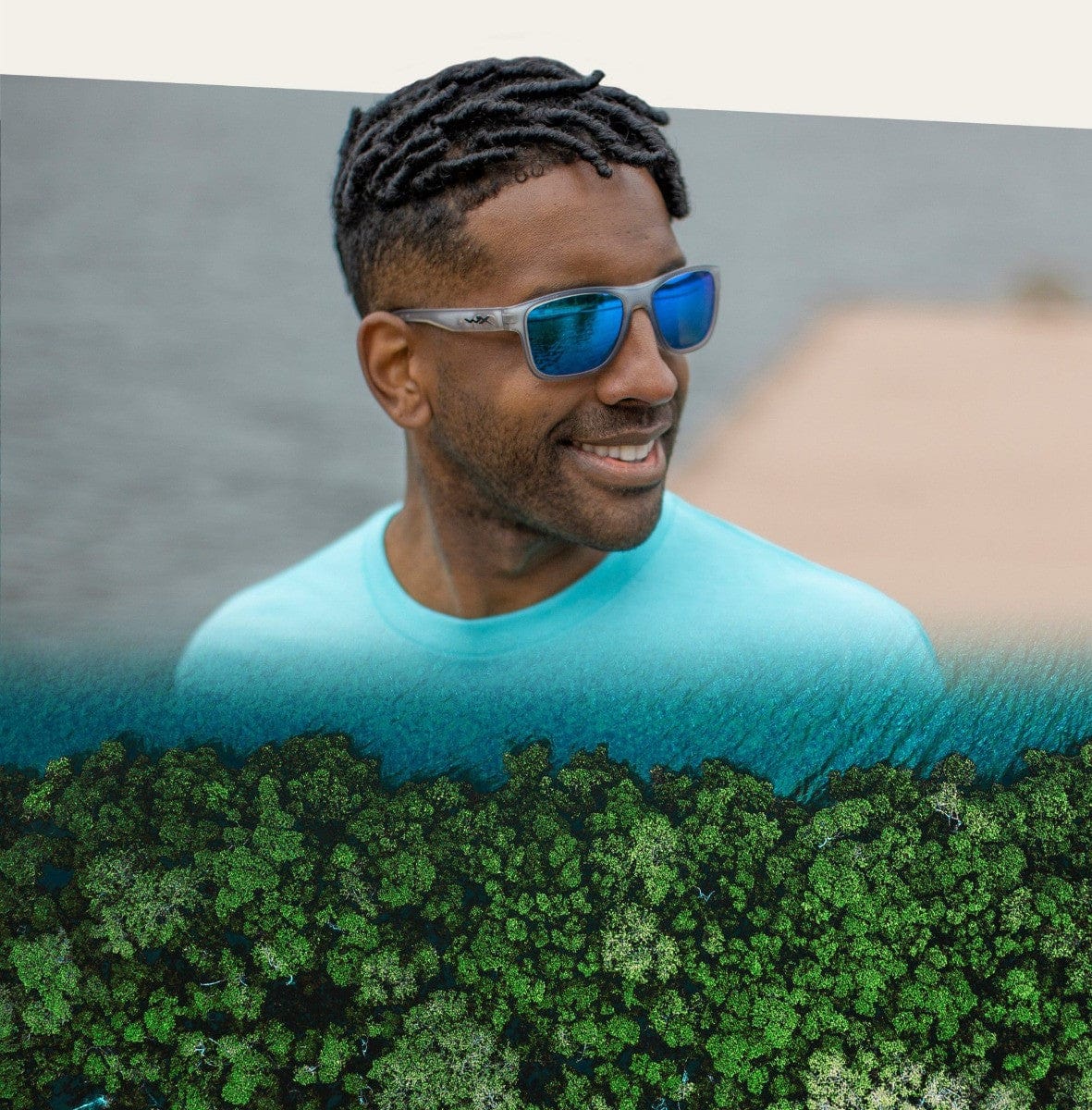 Wiley X Ovation Safety Sunglasses with Matte Slate Frame and Captivate Polarized Blue Mirror Lens on an adventure