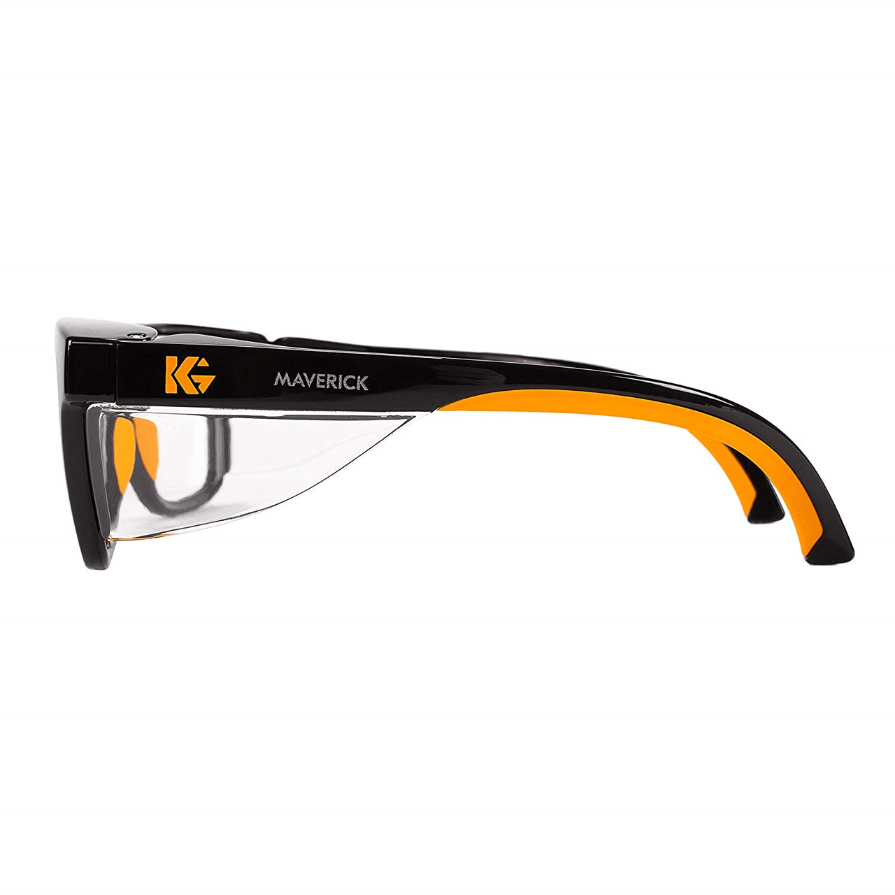 KleenGuard Maverick Safety Glasses Black/Orange Frame Clear Anti-Glare Lens Side View