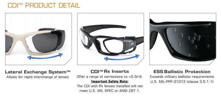 ESS CDI Ballistic Sunglasses with Black Frame and Clear and Smoke Lenses
