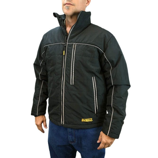 DEWALT DCHJ075D1 Unisex Heated Quilted Soft Shell Jacket With Battery & Charger Front View Worn