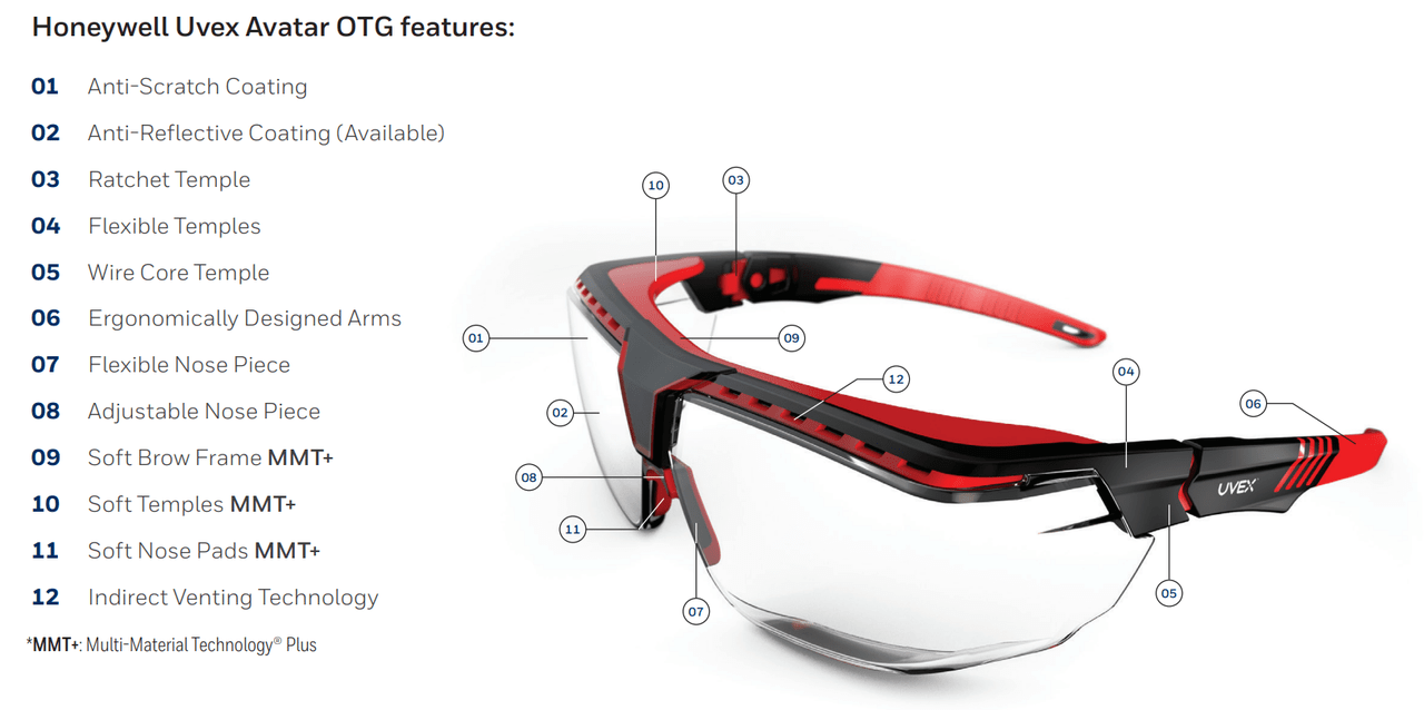 Uvex Avatar OTG Safety Glasses with Black/Red Frame and Clear Lens S3851 Key Features List